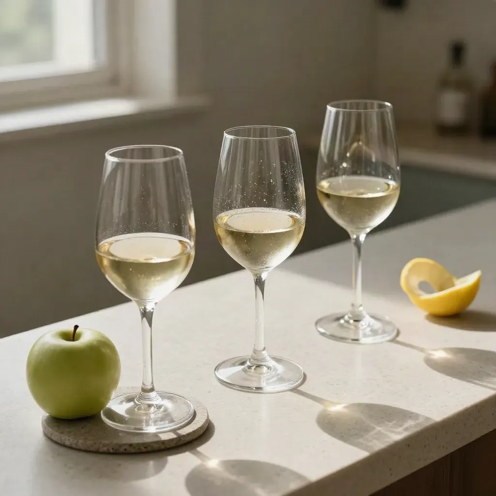 Drei Weißweinproben mit Apfelscheiben, Zitronenzeste und Steinuntersetzer auf hellem Tresen.