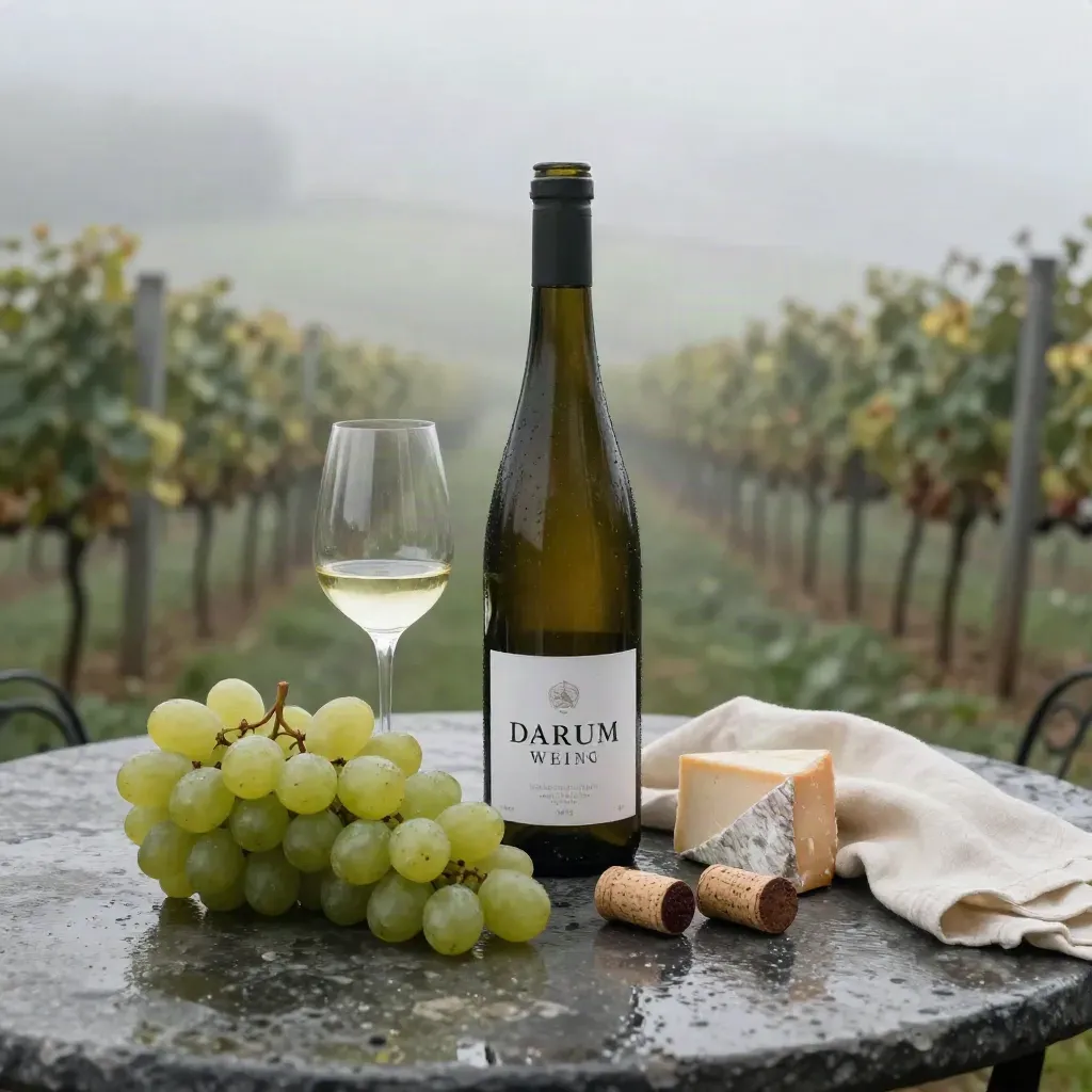 Rieslingflasche, Glas, Trauben und Käse auf nasser Steinterrasse im Morgennebel.