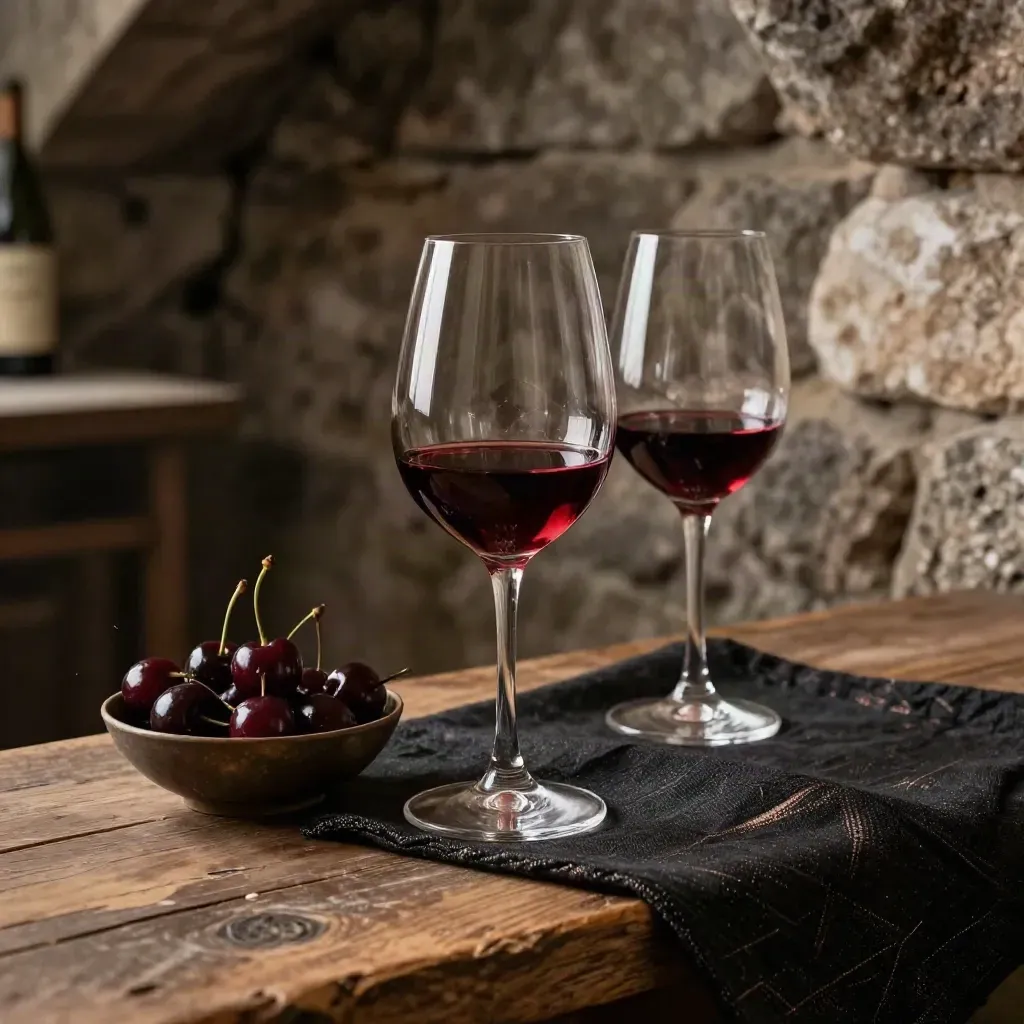 Spätburgunder im Glas mit Kirschen auf dunklem Leinen im Kellerlicht
