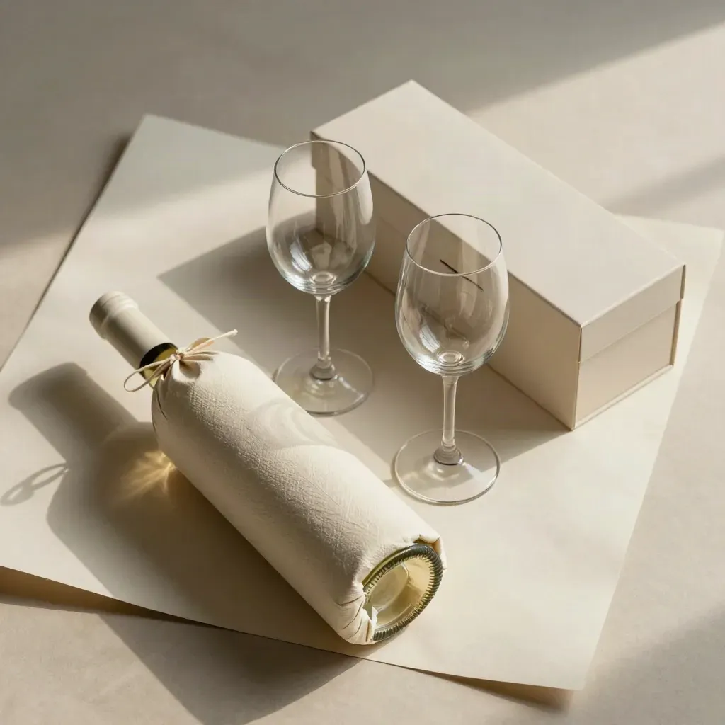 Weingeschenk mit Flasche, zwei Gläsern und kleiner Box auf Cremepapier im warmen Licht