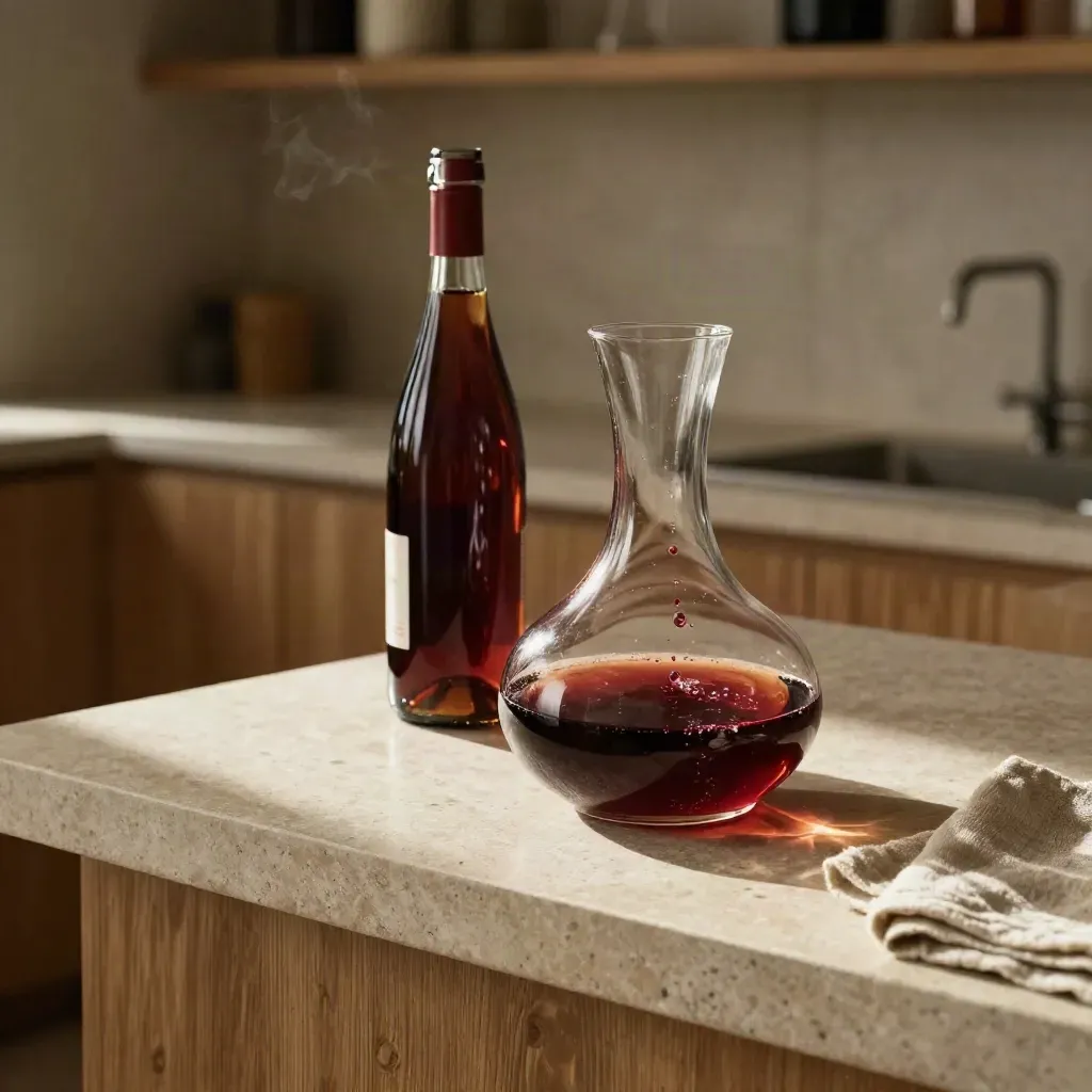 Rotwein atmet im Dekanter neben geöffneter Flasche auf heller Steinplatte.